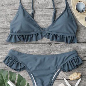 Ruffle Padded Bikini Stone Blue NEW